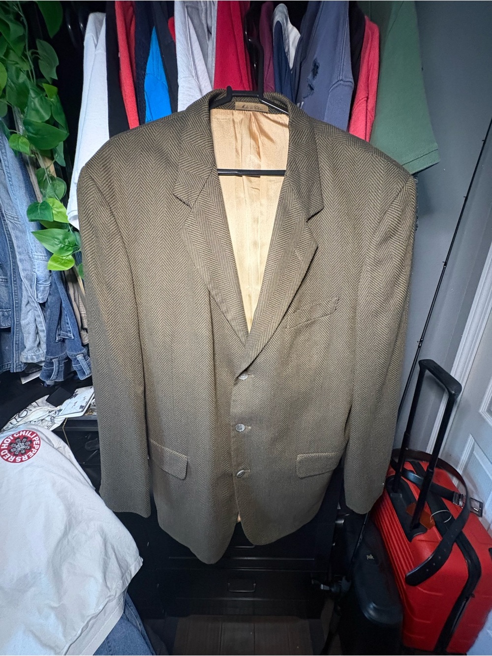 Cellini Men's Olive Herringbone Single-Breasted Blazer